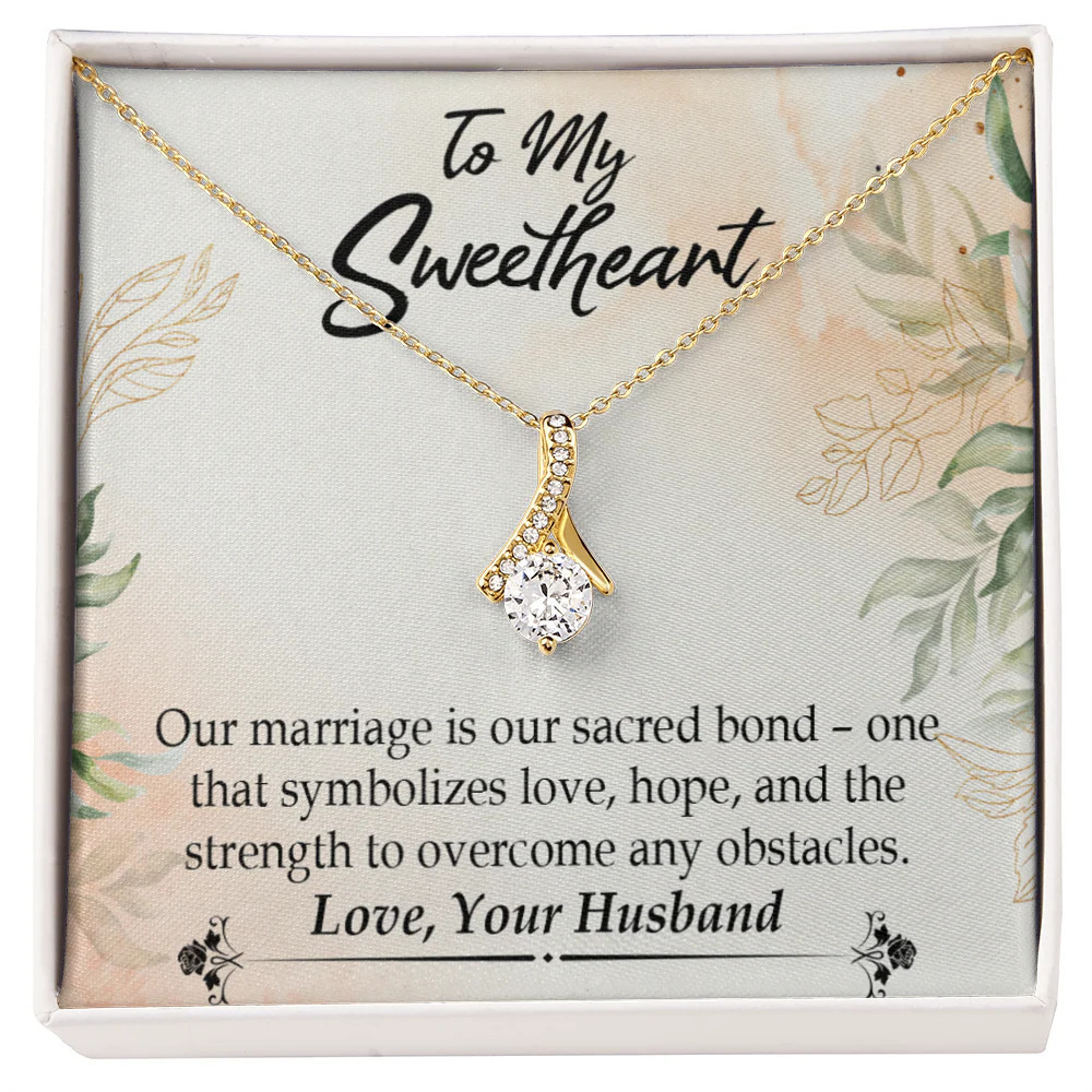 To My Wife Our Sacred Marriage Bond Ribbon Necklace Gold Tone Standard Box